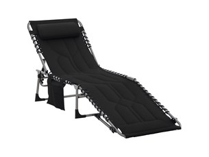 Chaise longue de jardin pliable noire, appui-tête et poche latérale, dossier 5 positions, résistante aux intempéries, charge max 130 kg