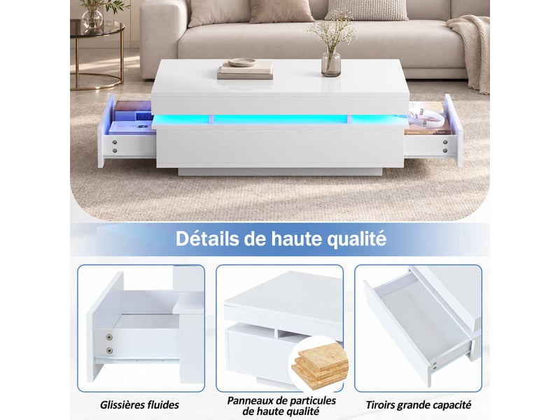  Table basse led blanche avec 2 tiroirs, finition brillante et éclairage d’ambiance, 100x50x35 cm  - Conforama D