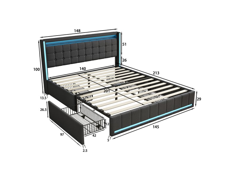  Lit adulte 140x200 avec 4 tiroirs de rangement et led rgb - tête de lit connectée usb &amp; usb-c - tissu gris foncé moderne  - Conforama E