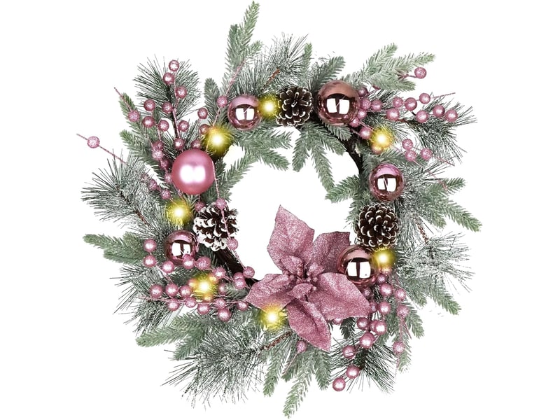  Couronne de noël rose 50 cm avec pommes de pin, nœud et boules, avec lumières, décoration porte intérieur extérieur  - Conforama A