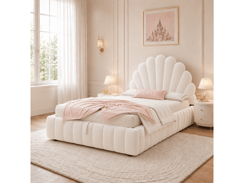  Lit enfant coffre rembourré 90x200 cm avec grand rangement hydraulique, tête de lit capitonnée en forme de fleur, sommier à lattes, velours, beige  - Conforama C