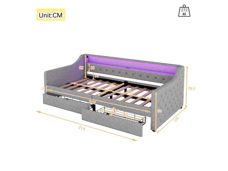  Modenvie lit banquette 90x200 cm - led télécommandée, 2 tiroirs, port usb, sans matelas - gris  - Conforama C