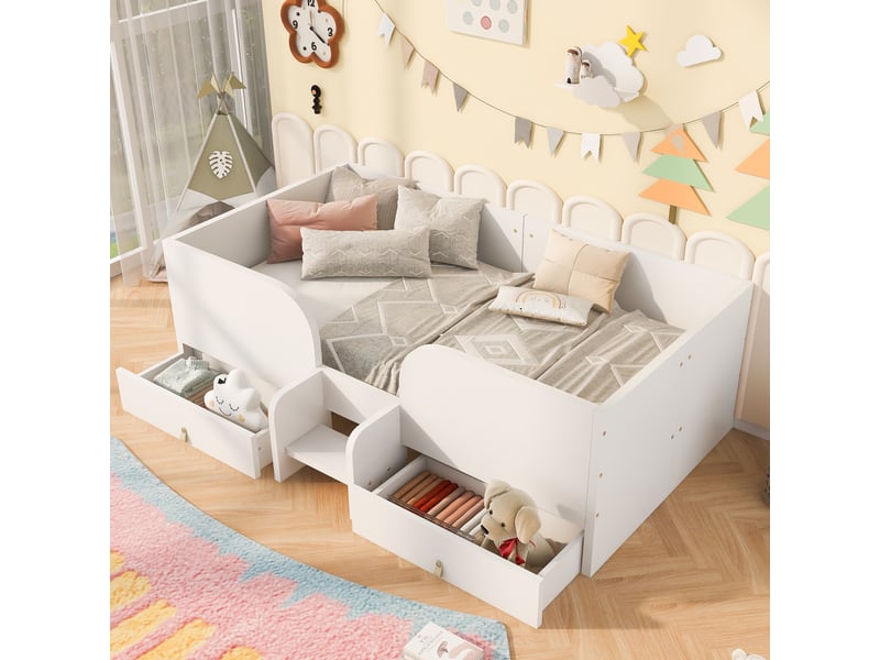 Lit simple enfant 90×200 cm, 2 tiroirs, échelle sécurisée - okmyhome- mdf, barrières hautes, sans matelas, blanc  - Conforama B