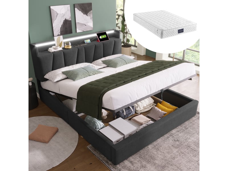  Lit double rembourré 160 x 200 cm avec fonction de recharge usb, tête de lit escamotable et éclairage led, gris, avec matelas  - Conforama A