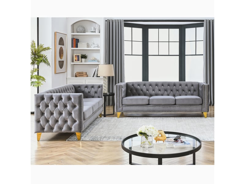 Canapé moderne - canapé en velours de style chelsfield, avec pieds dorés, boutons capitonnés, mousse + ressorts, réf. W3349s00172 - Conforama C