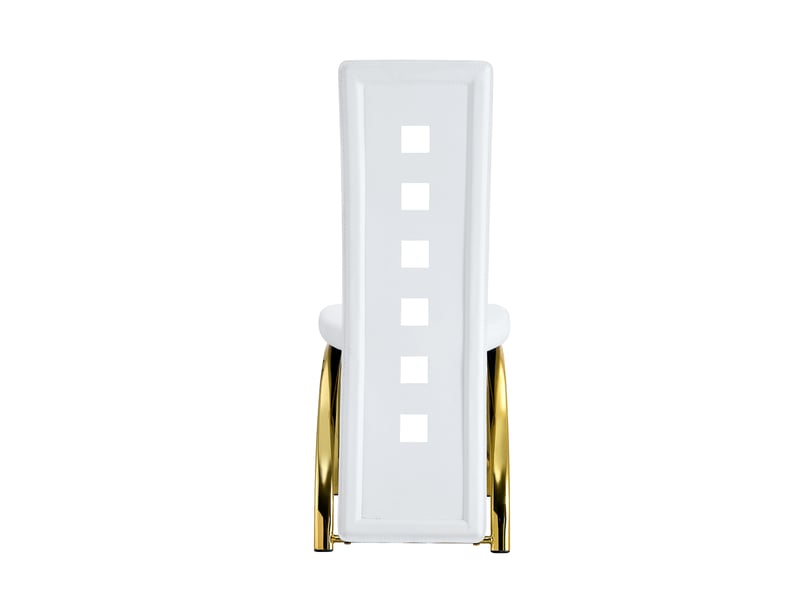  Ensemble table ronde et 4 chaises, plateau en verre trempé 88 cm, chaises blanches en similicuir, structure métallique dorée  - Conforama A