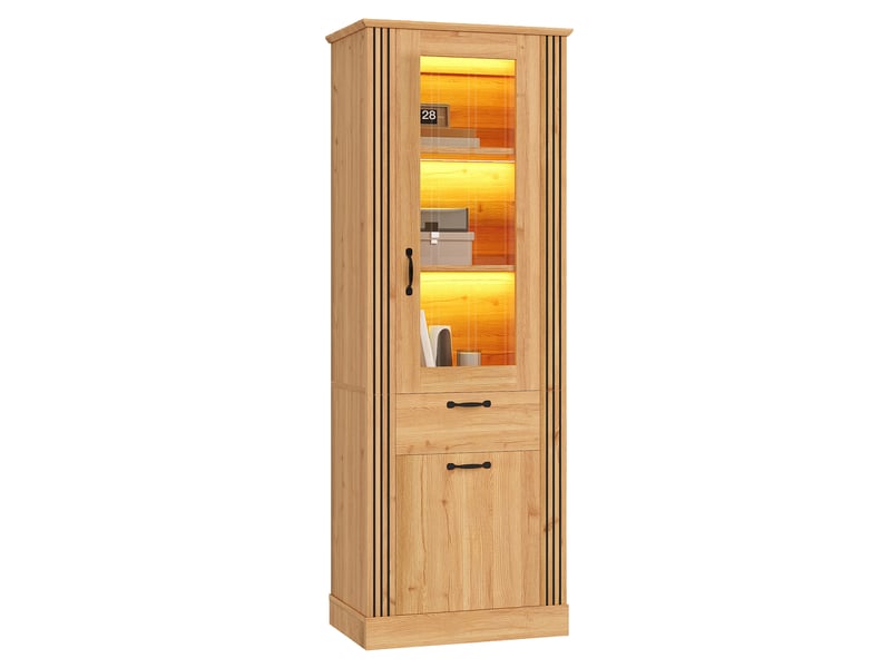  Buffet 62x41x180 cm avec porte, éclairage led piloté par application, tiroir, panneau de particules, coloris naturel  - Conforama A