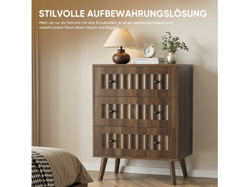 Commode 3 tiroirs avec façades rainurées et poignées noires pour chambre ou entrée en mdf noyer 60 × 40 × 78 cm - Conforama C