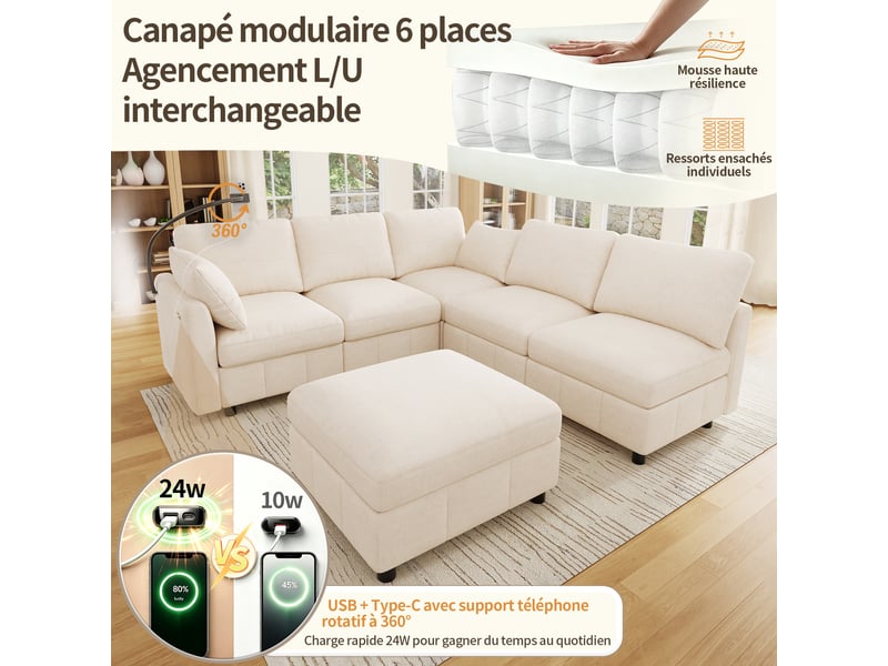  Canapé d’angle modulable convertible 6 places 218x157 cm, configuration ul, pouf mobile, usbusb-c 24w, support téléphone, chenille beige  - Conforama E
