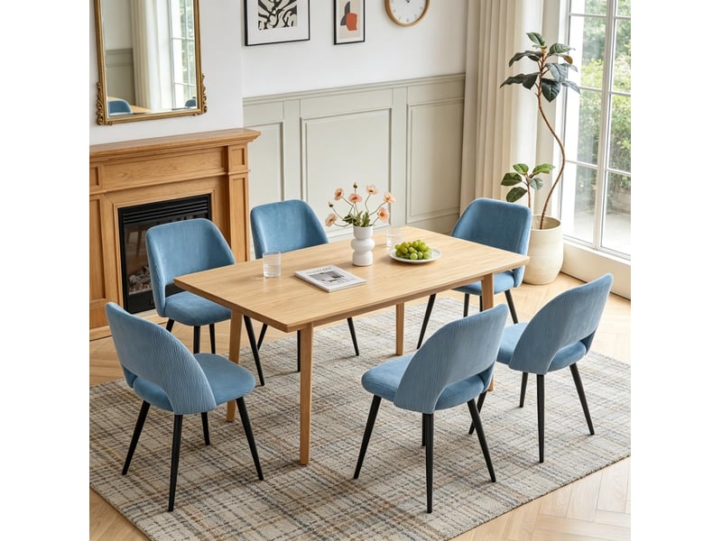  Lot de 6 chaises de salle à manger en tissu côtelé bleu avec pieds en métal noir  - Conforama D