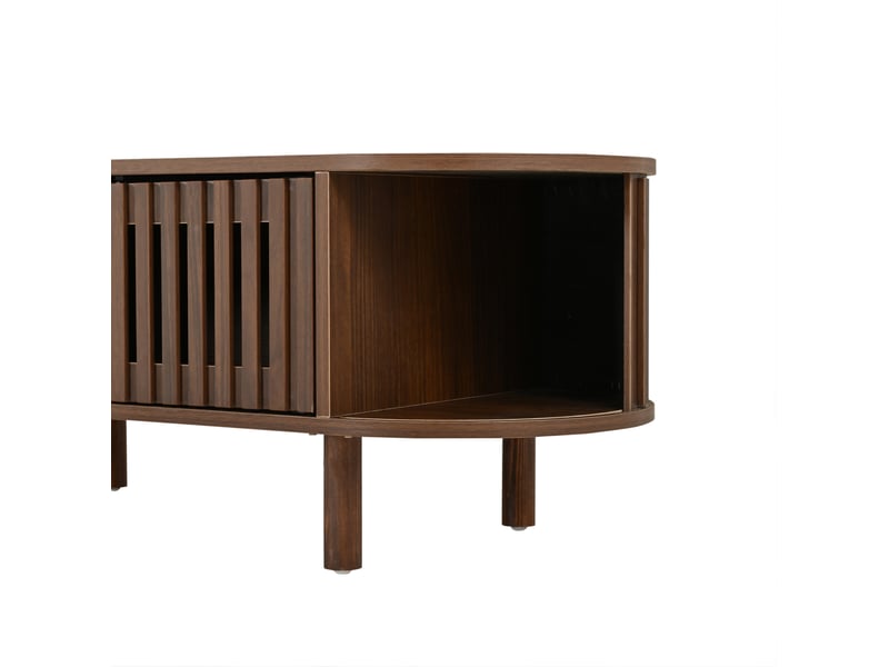  Table basse ovale 100 x 40 x 38 cm avec rangement, 2 portes à lattes et porte coulissante à rideau, mdf et bois, coloris noyer  - Conforama E