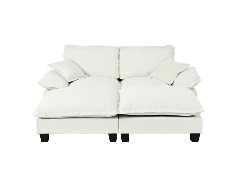 Canapé d’angle modulable, 2 poufs mobiles, 2 coussins, mousse haute densité, 194 × 151 × 90 cm, chenille beige - Conforama A