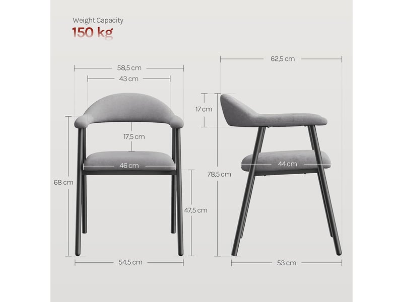Lot de 2 chaise de salle à manger, gris,en chenille et métal, siège rembourré, dossier et accoudoirs intégrés - Conforama D