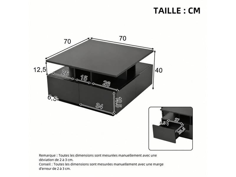  Table basse avec rangement et éclairage led, carrée 70 x 70 x 40 cm, 4 tiroirs, noir  - Conforama E