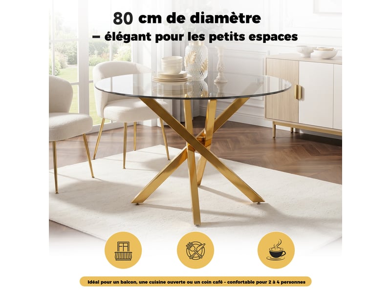 Table à manger ronde 80 x 80 x 75 cm, plateau en verre, pieds dorés, style moderne Jamama eleni - Conforama E