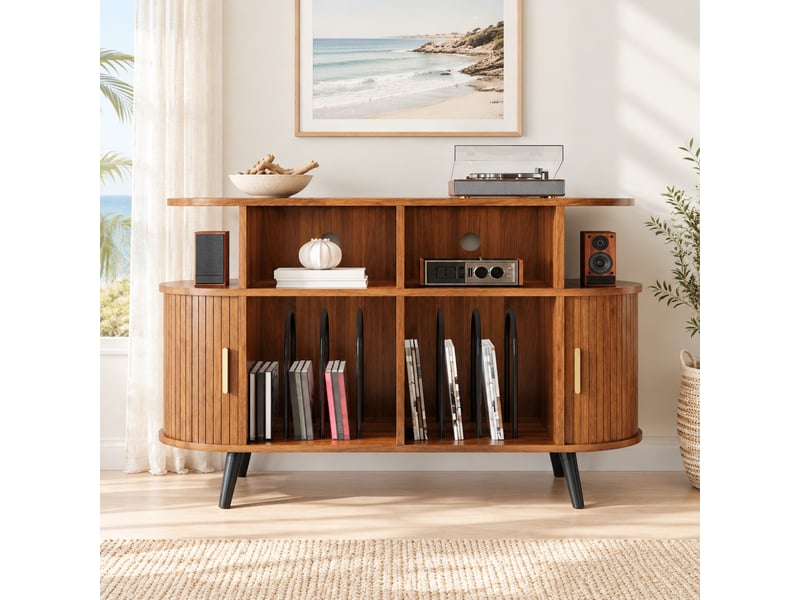 Meuble tv avec 2 portes coulissantes, 4 niches, range-disques, passe-câbles et recharge, mdf noyer 110×40×76 cm - Conforama C