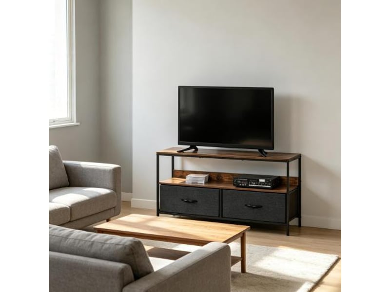 Meuble tv bas avec 2 tiroirs pliables et niche ouverte, structure métal, pour salon ou chambre, 98 × 29 × 56 cm - Conforama B
