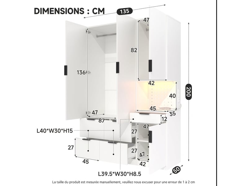  Armoire penderie avec éclairage led et tiroir à bijoux, 90x49x200 cm, blanc et chêne  - Conforama W