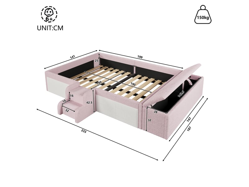  Lit enfant 140x190 cm rembourré en bouclé rose, avec petite échelle, banquette coffre de rangement mobile, barrières de sécurité et design confortable  - Conforama D