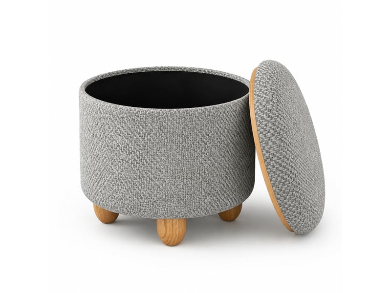  Fauteuil pouf de rangement avec plateau et structure stable, pour salon et entrée, en lin et mdf, gris clair  - Conforama A