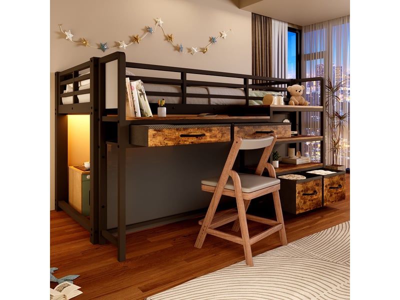  Lit mezzanine métal 90x200 cm - avec bureau et 4 tiroirs - étagères et éclairage led - barrières de sécurité - noir(sans matelas)  - Conforama E