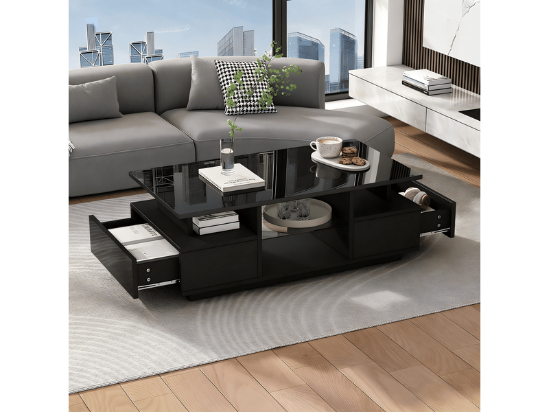  Table basse noire avec éclairage led, 2 tiroirs et étagères en verre, 100 x 50 x 36 cm  - Conforama D