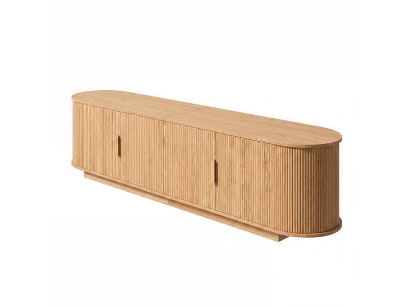  Meuble tv led 180x35x50 cm, 4 portes, rangements intégrés, poignées métal, effet bois naturel  - Conforama D