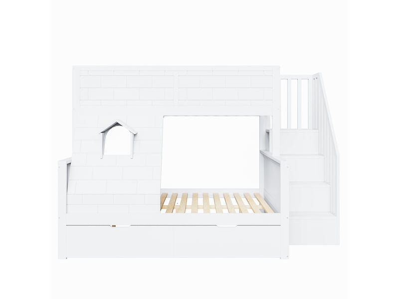 Lit superposé enfant en bois massif 90x200140x200 cm, échelle, tiroirs et fenêtres - Conforama A