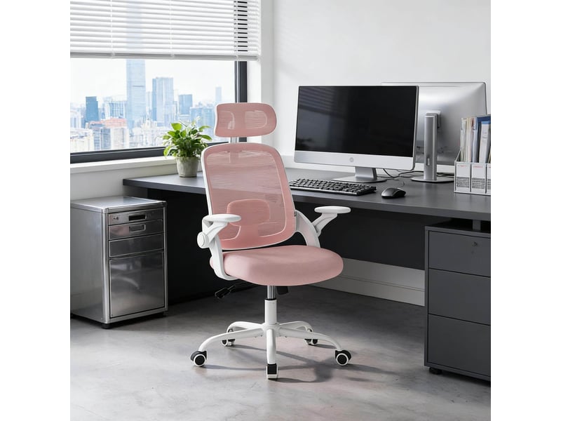 Chaise de bureau à dossier haut avec appui-tête réglable, accoudoirs 3d et roulettes, en mesh rose - Conforama C