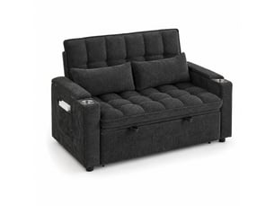Canapé-lit 3-en-1 142x89x89 cm convertible, 2 porte-gobelets, 2 coussins lombaires, rangements, chenille, noir