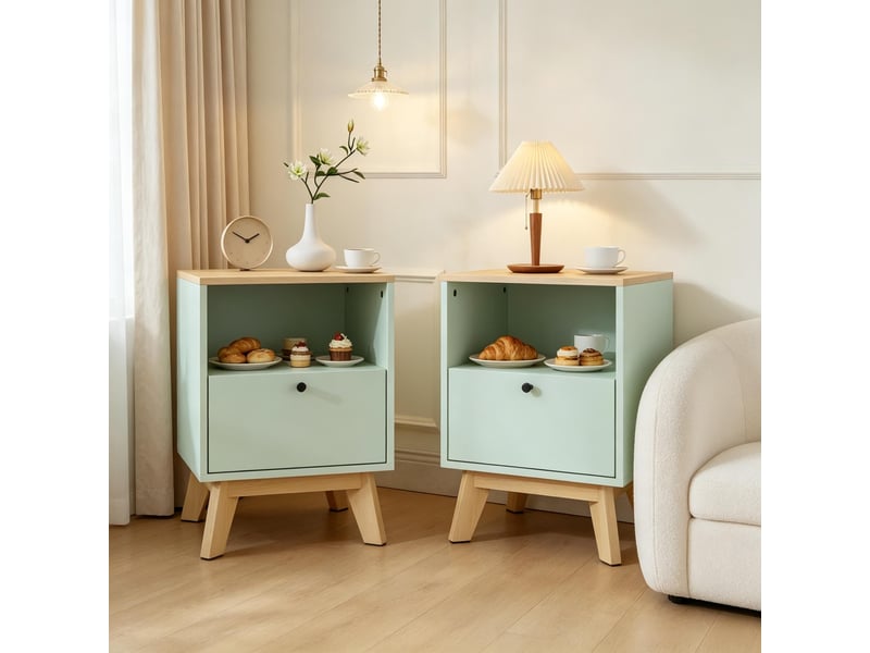 Lot de 2 tables de chevet,40x40x55 cm,avec tiroir,mdf,vert clair effet chêne - Conforama B