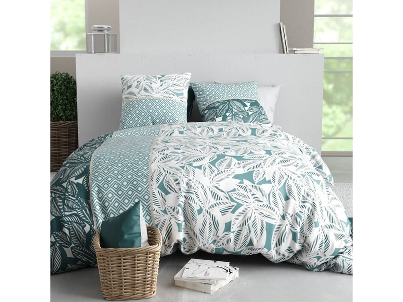  Parure housse de couette 260x240cm + 2 taies motif feuillage vert et blanc 100% coton - olize OLIZE - Conforama A