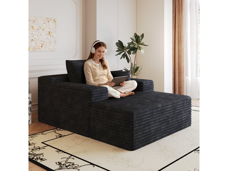 Canapé velours côtelé noir modulable en mousse, méridienne assise profonde sans montage, 115x159 cm - Conforama E
