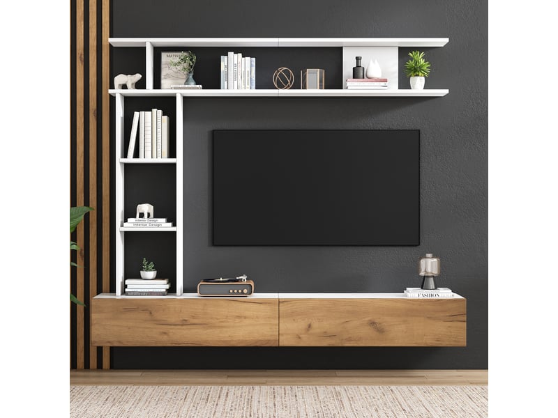  Ensemble meuble tv blanc et bois avec colonne murale, meuble tv 180 cm pour télévision jusqu'à 80 pouces, posé ou suspendu  - Conforama D