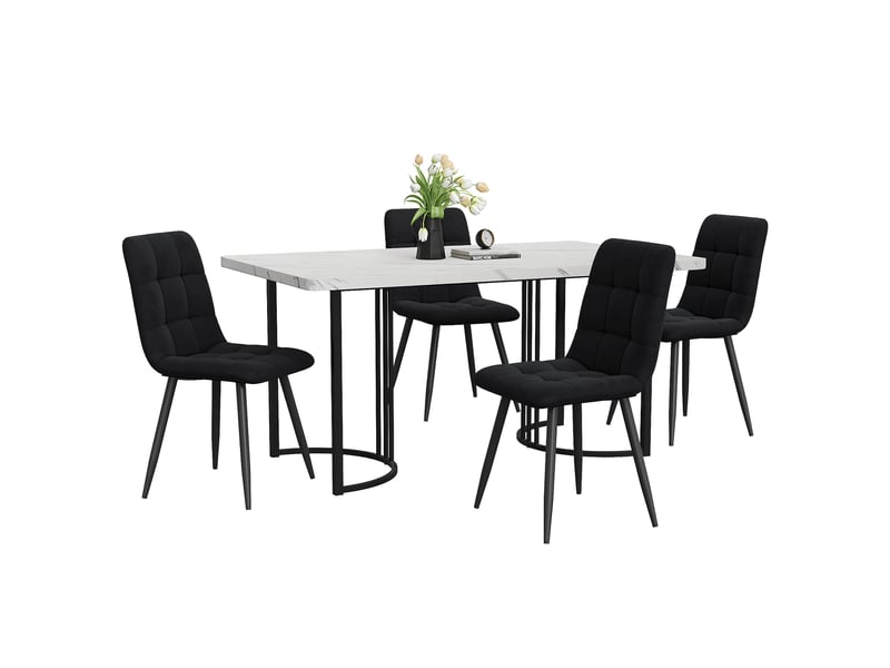  Ensemble repas 5 pièces, motif marbre, plateau mdf blanc, pieds métal réglables, meuble salon, 4 chaises velours, noir  - Conforama A