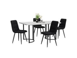 Ensemble repas 5 pièces, motif marbre, plateau mdf blanc, pieds métal réglables, meuble salon, 4 chaises velours, noir