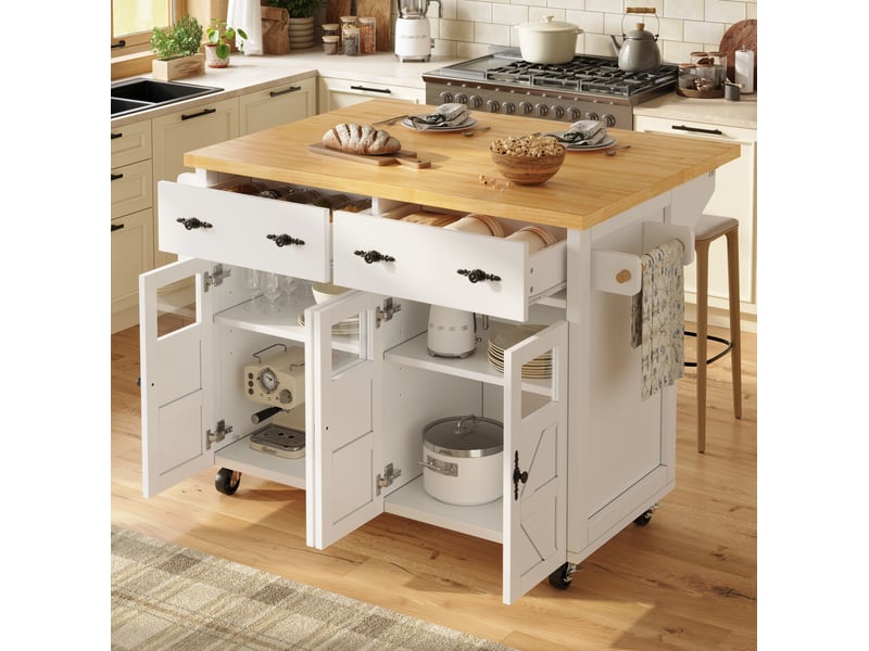  Îlot de cuisine 140x45(73)x93,5 cm, couleur bois et blanc, avec 4 portes, plateau pliable, 2 tiroirs et roulettes, en mdf et métal  - Conforama D