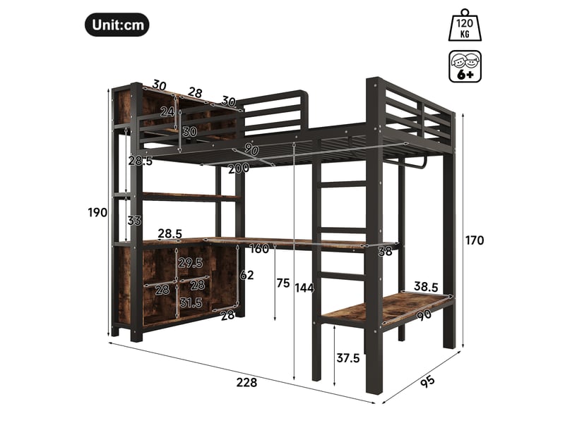  Lit mezzanine 90x200 cm avec bureau et rangements en mdf et métal noir  - Conforama E