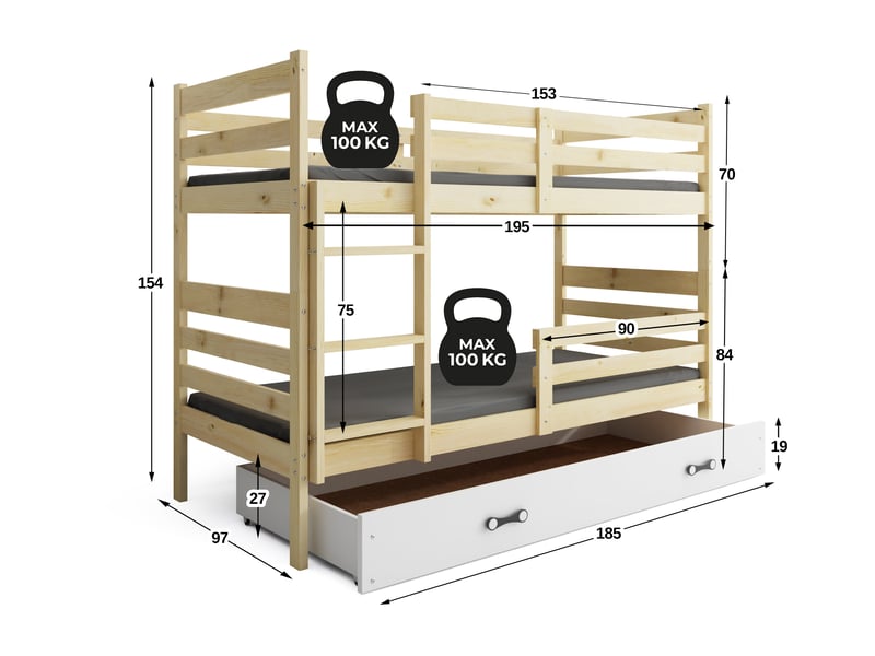 Lit superposé séparable 90x190 cm eric interbeds - bois massif de pin avec barrière, sommier et tiroir - pin naturel - Conforama C