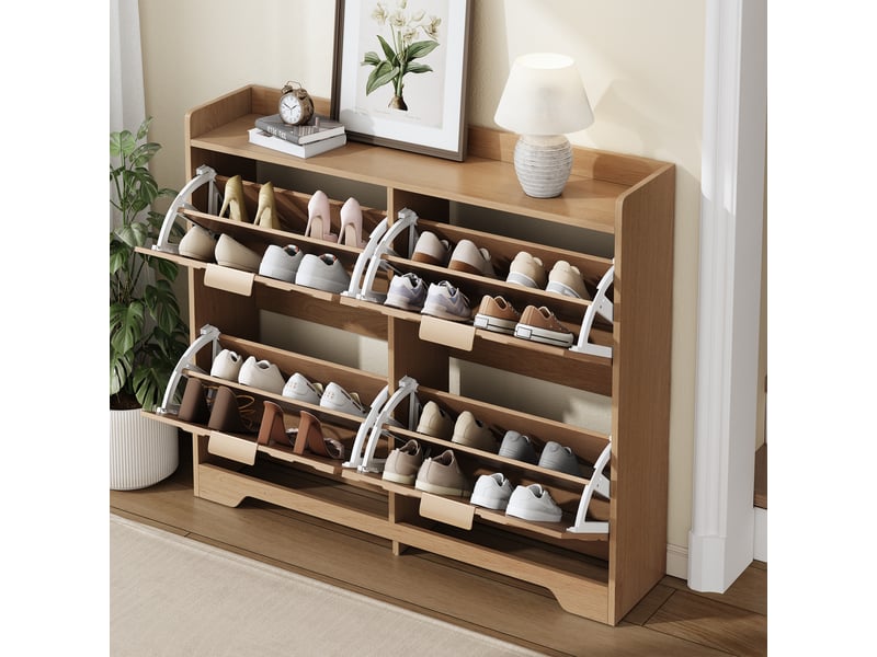Meuble à chaussures design 3d 105x24x90 cm - 4 compartiments rabattables avec fermeture silencieuse - large plateau supérieur - naturel ABC - Conforama D