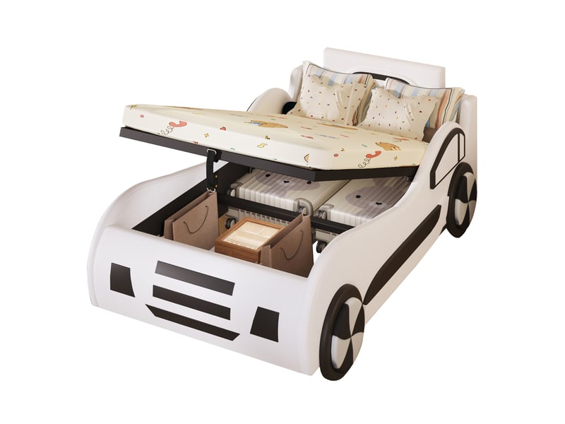  Lit voiture enfant modenvie 90 x 200 cm avec sommier à lattes et rangement hydraulique blanc  - Conforama A