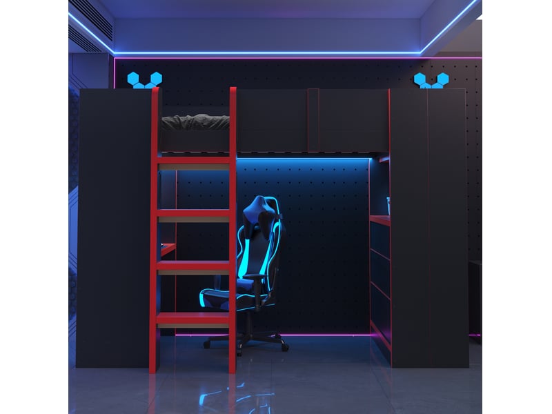  Lit mezzanine 90x200 cm avec bureau, prise intégrée et éclairage led, bois et mdf, coloris noir et rouge sans matelas  - Conforama E