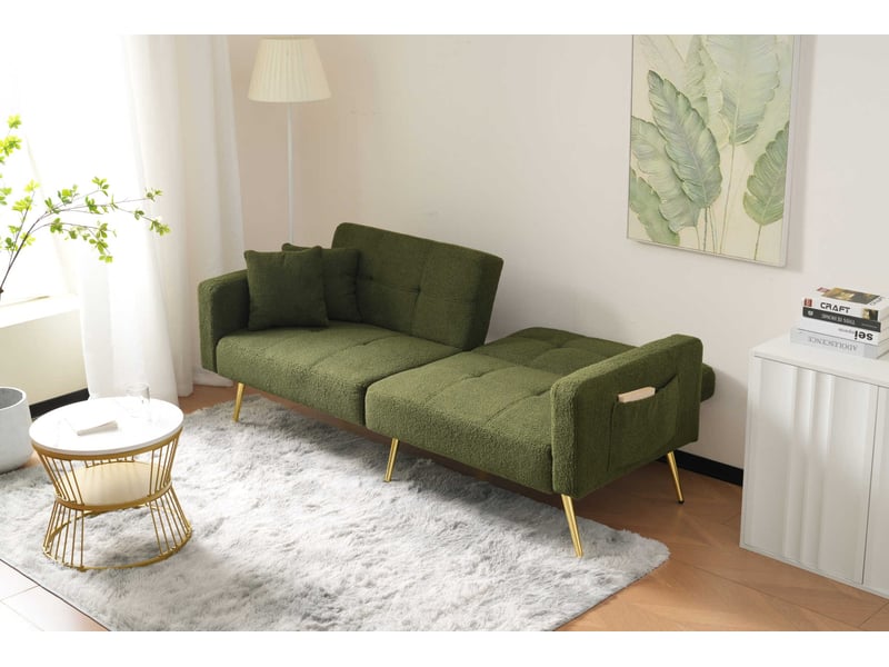 Canapé droit 2 pl convertible, clic clac, style simple, canapé confort, pied en métal, tissu bouclette vert - Conforama D