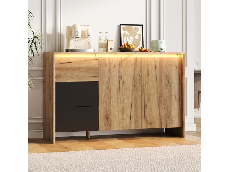  Buffet avec éclairage led 105x40x76 cm, 2 portes, 3 tiroirs, meuble de cuisine, idéal pour salon et salle à manger, aggloméré, noir+naturel  - Conforama B