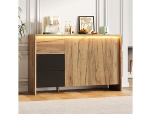 Buffet avec éclairage led 105x40x76 cm, 2 portes, 3 tiroirs, meuble de cuisine, idéal pour salon et salle à manger, aggloméré, noir+naturel