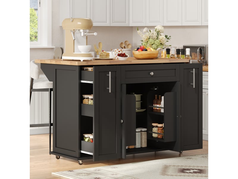  Desserte de cuisine avec plateau rabattable, 3 tiroirs, 2 portes et roulettes avec frein, en mdf noir et naturel  - Conforama C
