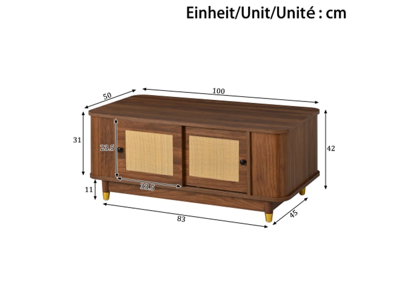 Table basse moderne avec portes coulissantes en rotin - coins arrondis, rangement mdf, effet bois - Conforama C