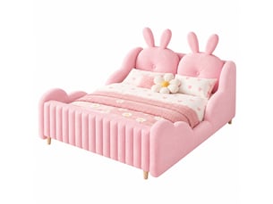 Lit enfant capitonné 140x200 cm rose en tissu bouclé, tête de lit coussin lapin et barrières nuage, sans matelas