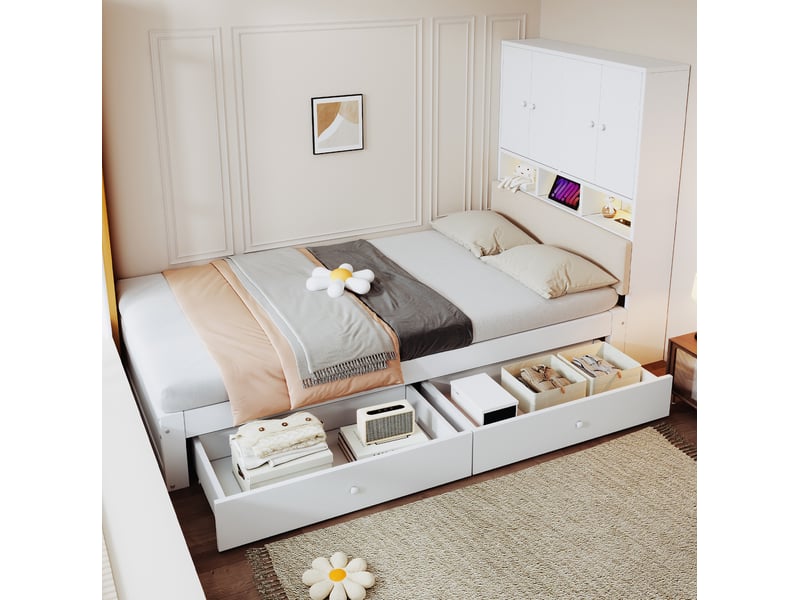  Lit 1 place 90 x 200 cm blanc en bois, rangement tête de lit, led, prise, 2 tiroirs et sommier à lattes  - Conforama B