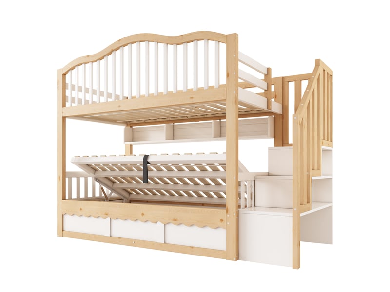 Lit superposé enfant 90x200 cm avec escalier, rangements et coffre Fay Lum - Conforama D